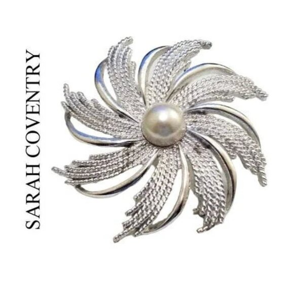 Sarah Coventry Spiral Pearl Pinwheel Pin Brooch Silver Tone - Picture 5 of 5